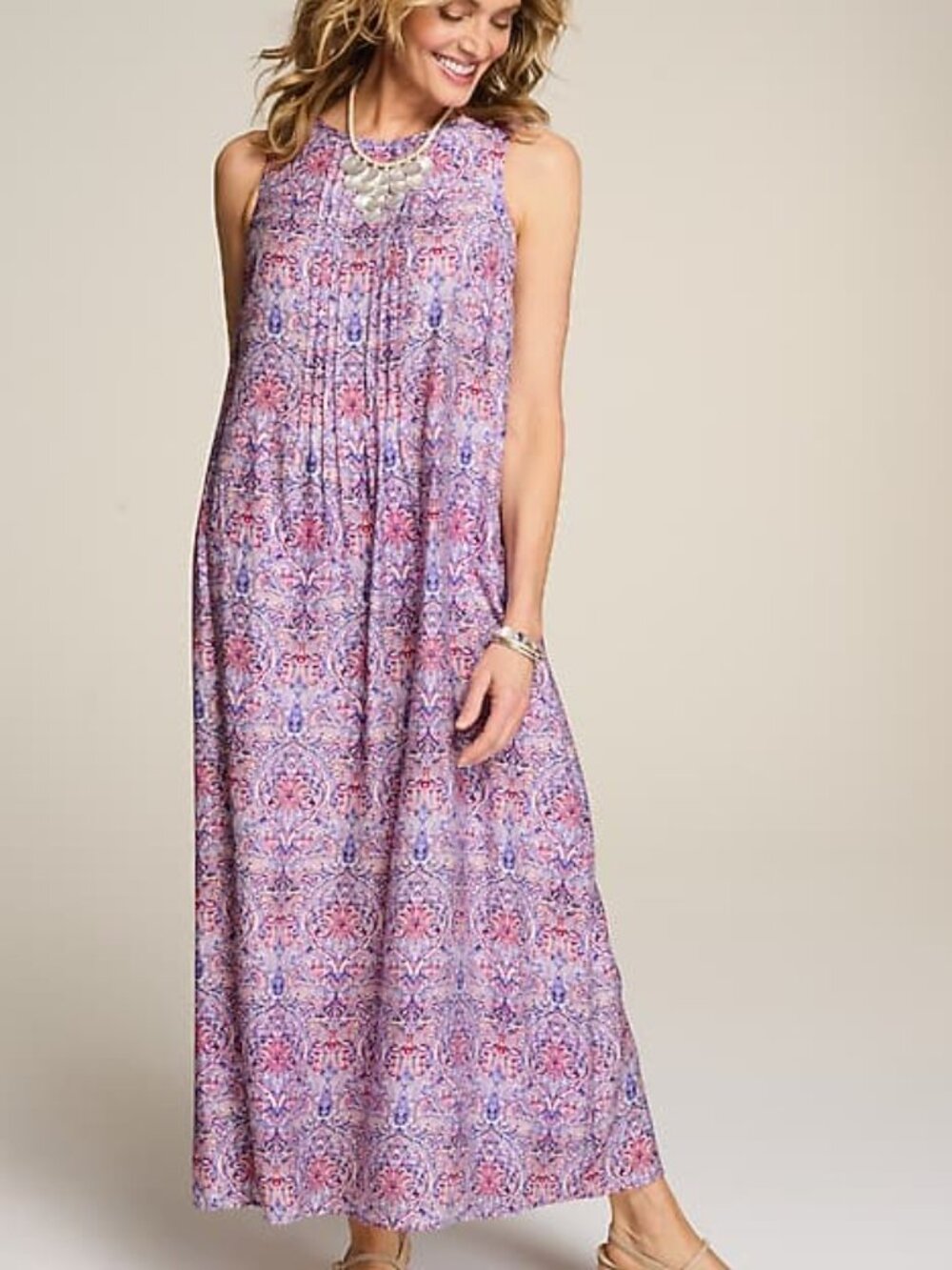 J. jill Pintucked A-line Maxi Dress In Purple Cream Bursting Medallions XS